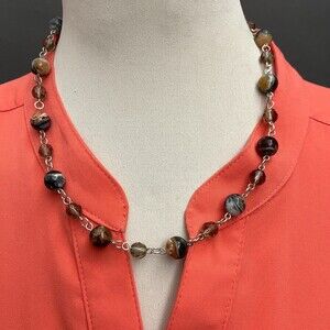 Brown Blue Smoke Stone Beads Beaded Silver-tone Women's Fashion Necklace NWOT